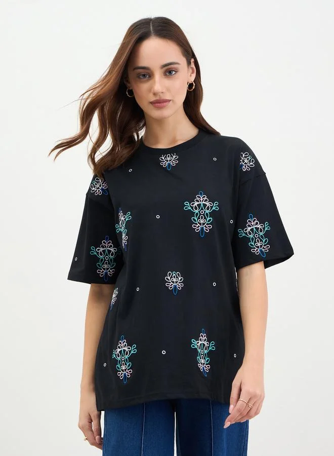 Styli Black Embroidered Oversized T-Shirt